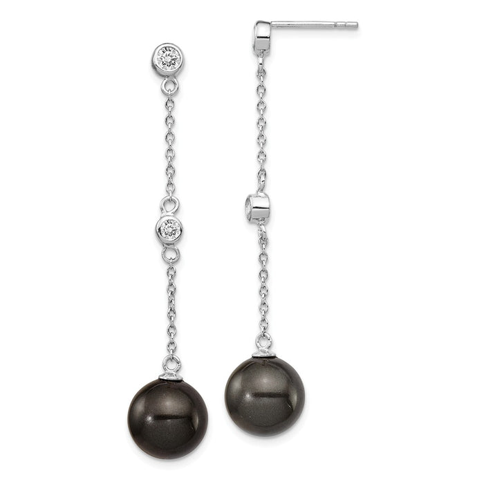 Million Charms 925 Sterling S Majestik Rhodium Plated 10-11mm Black  Imitation Shell Pearl Cubic Zirconia ( CZ ) Earrings, 52mm x 10mm