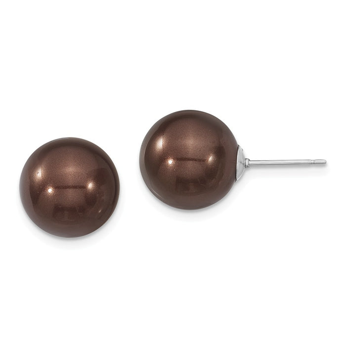 Million Charms 925 Sterling S Majestik Rhodium Plated 12-13mm Brown Imitation Shell Pearl Stud Earrings, 12 to 13mm x 12 to 13mm