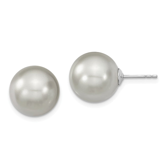 Million Charms 925 Sterling S Majestik Rhodium Plated 12-13mm Grey Imitation Shell Pearl Stud Earrings, 12 to 13mm x 12 to 13mm