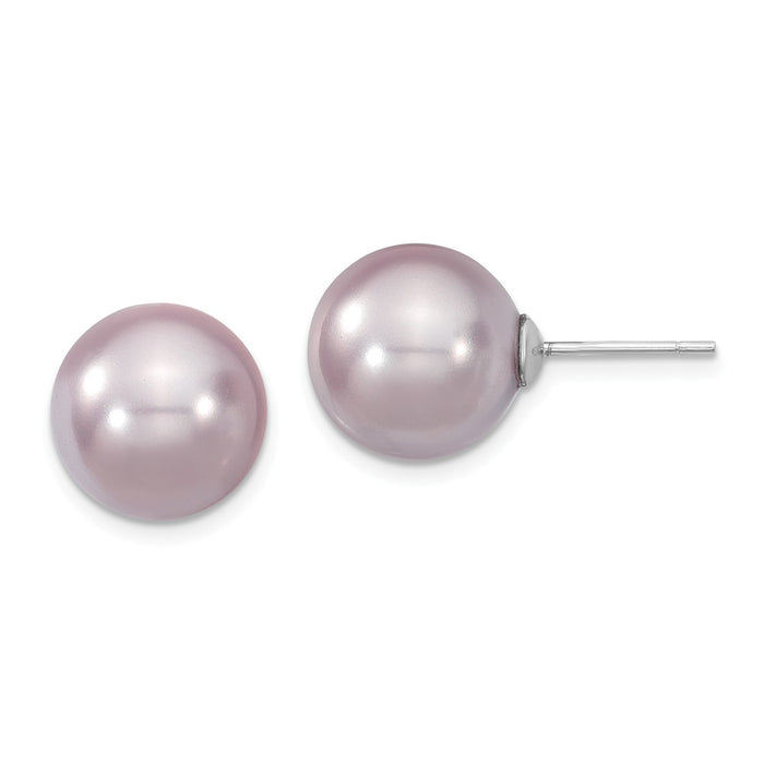 Million Charms 925 Sterling S Majestik Rhodium Plated 12-13mm Purple Imitation Shell Pearl Stud Earrings, 12 to 13mm x 12 to 13mm