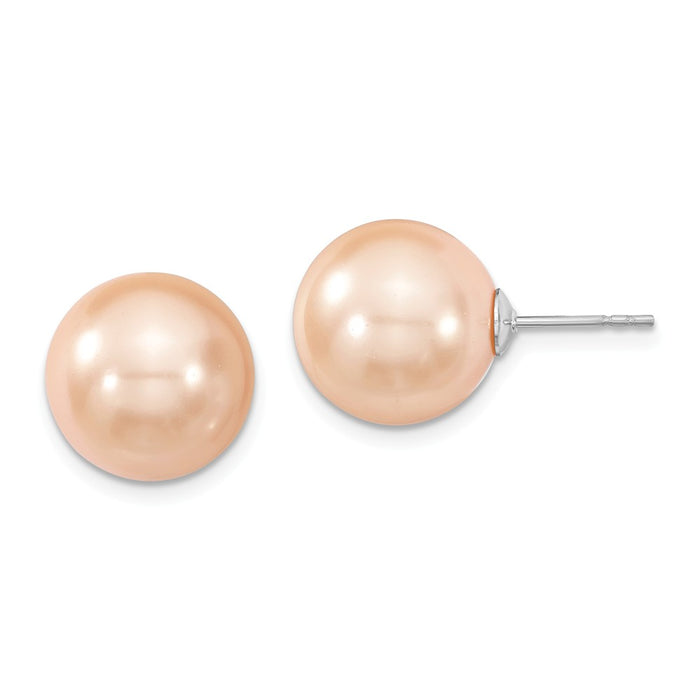 Million Charms 925 Sterling S Majestik Rhodium Plated 12-13mm Pink Imitation Shell Pearl Stud Earrings, 12 to 13mm x 12 to 13mm