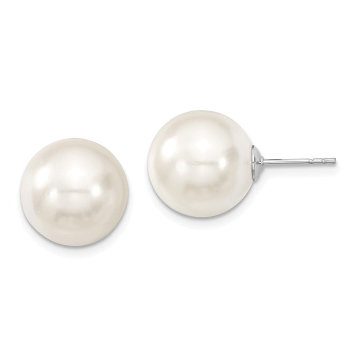 Stella Silver 925 Sterling Silver Majestik Rhodium Plated 12-13mm White Imitation Shell Pearl Stud Earrings, 12 to 13mm x 12 to 13mm