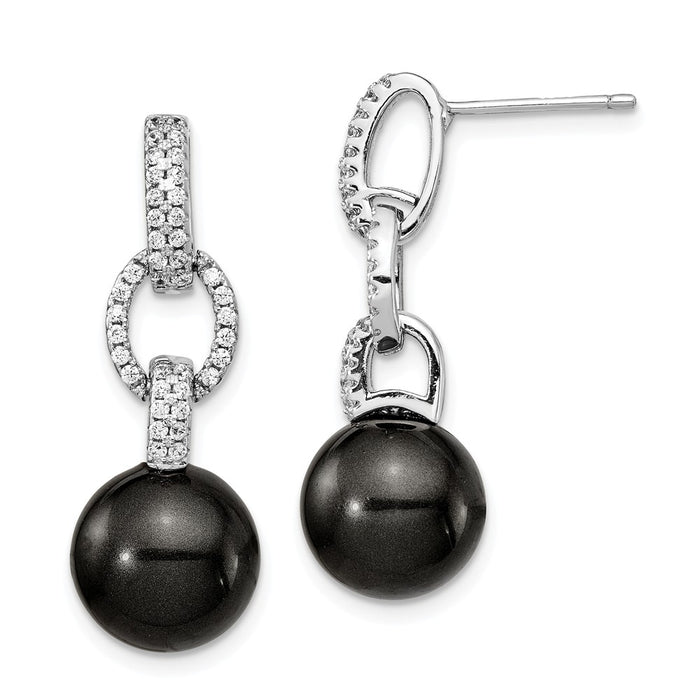 Million Charms 925 Sterling S Majestik Rhodium Plated 10-11mm Black  Imitation Shell Pearl Cubic Zirconia ( CZ ) Earrings, 28.6mm x 10mm