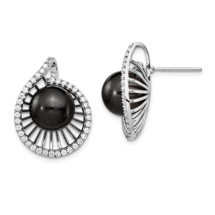 Million Charms 925 Sterling S Majestik Rhodium Plated 10-11mm Black  Imitation Shell Pearl Cubic Zirconia ( CZ ) Earrings, 21.5mm x 16.4mm