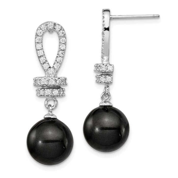 Million Charms 925 Sterling S Majestik Rhodium Plated 10-11mm Black  Imitation Shell Pearl Cubic Zirconia ( CZ ) Earrings, 31.3mm x 10mm