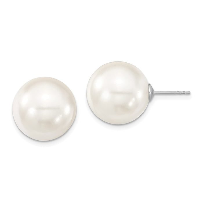 Stella Silver 925 Sterling Silver Majestik Rhodium Plated 14-15mm White Imitation Shell Pearl Stud Earrings, 14 to 15mm x 14 to 15mm