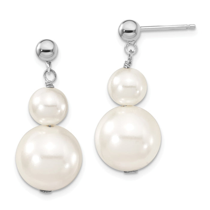 Million Charms 925 Sterling S Majestik Rhodium Plated 7 &  12mm White Imitation Shell Pearl Dangle Earrings, 7 to 12mm x 7 to 12mm