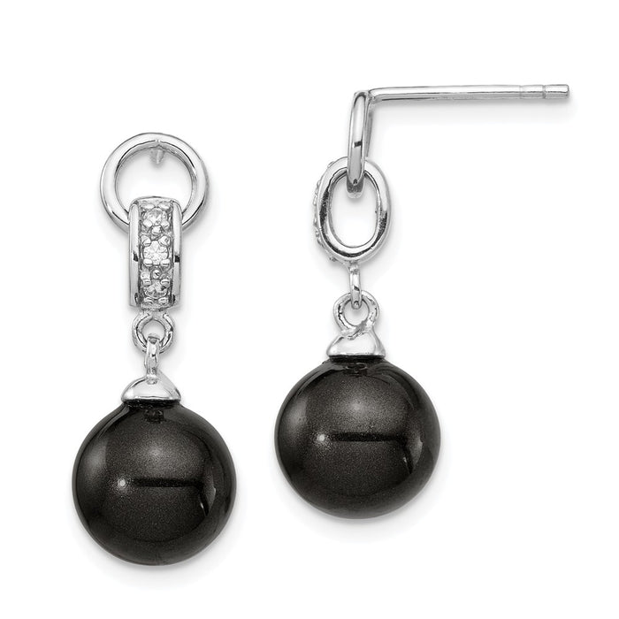 Million Charms 925 Sterling S Majestik Rhodium Plated 8-9mm Black  Imitation Shell Pearl Cubic Zirconia ( CZ ) Earrings, 24.2mm x 8.9mm