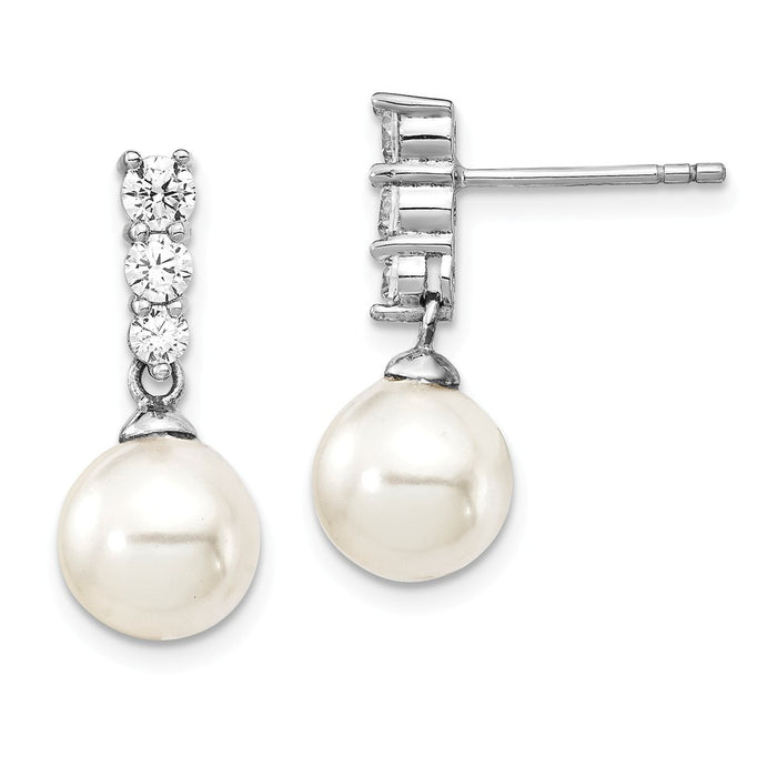 Stella Silver 925 Sterling Silver Majestik Rhodium Plated 8-9mm Imitation Shell Pearl Cubic Zirconia ( CZ ) Earrings, 19.8mm x 10mm