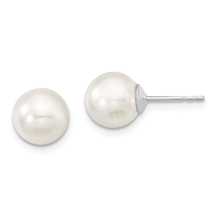 Stella Silver 925 Sterling Silver Majestik Rhodium Plated 8-9mm White Imitation Shell Pearl Stud Earrings, 8 to 9mm x 8 to 9mm