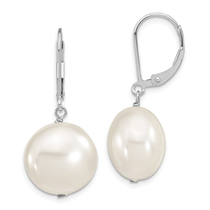 Million Charms 925 Sterling S Majestik Rhodium Plated 14-15mm Coin White Imitation Shell Pearl Leverback Earrings, 34mm x 14 to 15mm