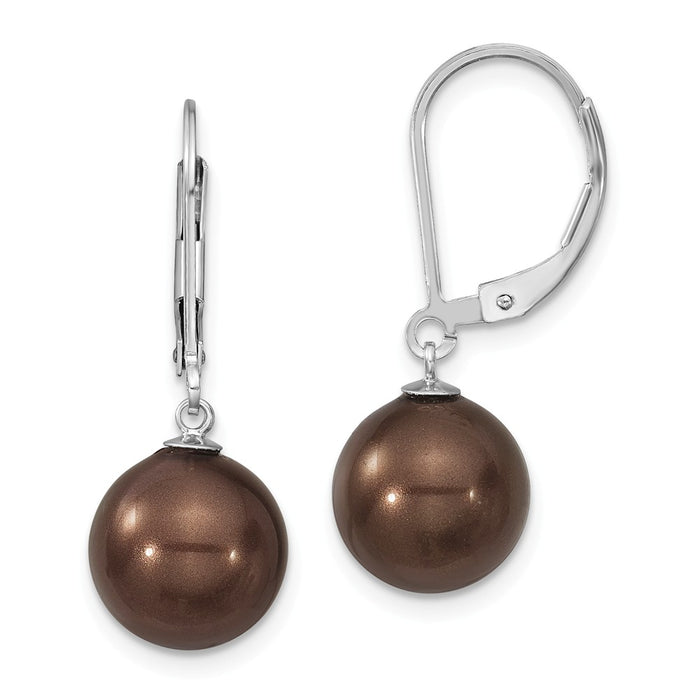 Million Charms 925 Sterling S Majestik Rhodium Plated 10-11mm Brown Imitation Shell Pearl Leverback Earrin, 10 to 11mm x 10 to 11mm