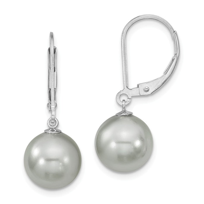 Million Charms 925 Sterling S Majestik Rhodium Plated 10-11mm Grey Imitation Shell Pearl Leverback Earring, 10 to 11mm x 10 to 11mm