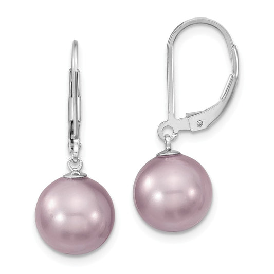 Million Charms 925 Sterling S Majestik Rhodium Plated 10-11mm Purple Imitation Shell Pearl Leverback Earri, 10 to 11mm x 10 to 11mm