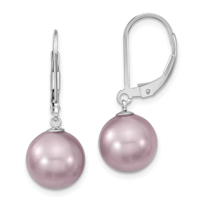 Million Charms 925 Sterling S Majestik Rhodium Plated 10-11mm Purple Imitation Shell Pearl Leverback Earri, 10 to 11mm x 10 to 11mm