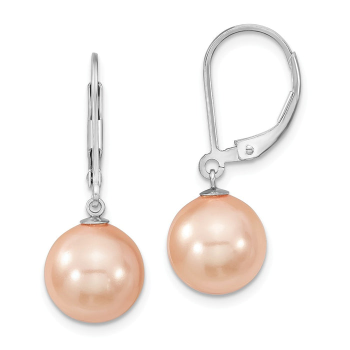 Million Charms 925 Sterling S Majestik Rhodium Plated 10-11mm Pink Imitation Shell Pearl Leverback Earring, 10 to 11mm x 10 to 11mm