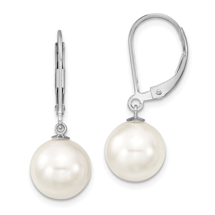 Million Charms 925 Sterling S Majestik Rhodium Plated 10-11mm White Imitation Shell Pearl Leverback Earring, 10 to 11mm x 10 to 11mm