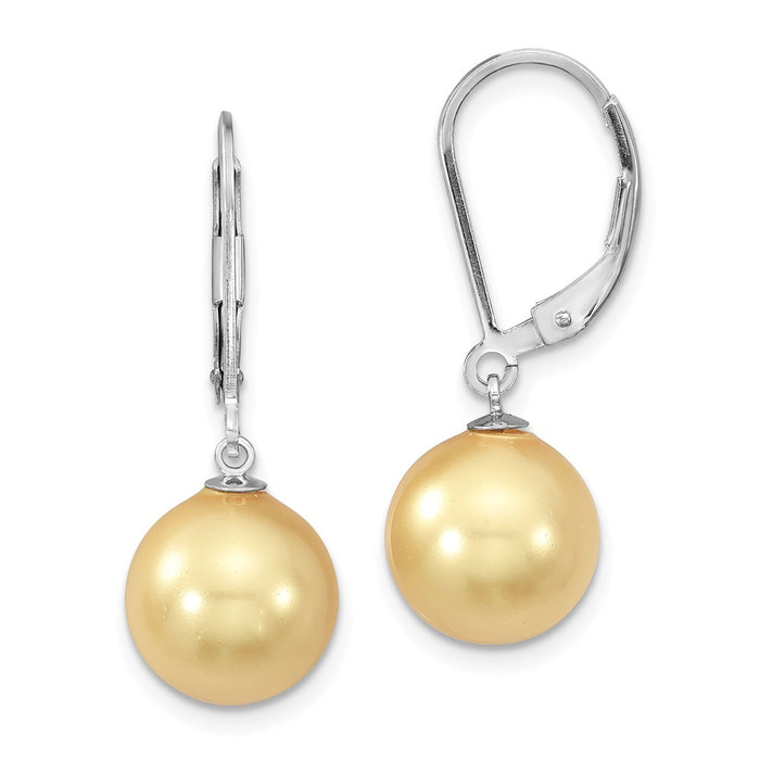 Million Charms 925 Sterling S Majestik Rhodium Plated 10-11mm Yellow Imitation Shell Pearl Leverback Earri, 10 to 11mm x 10 to 11mm