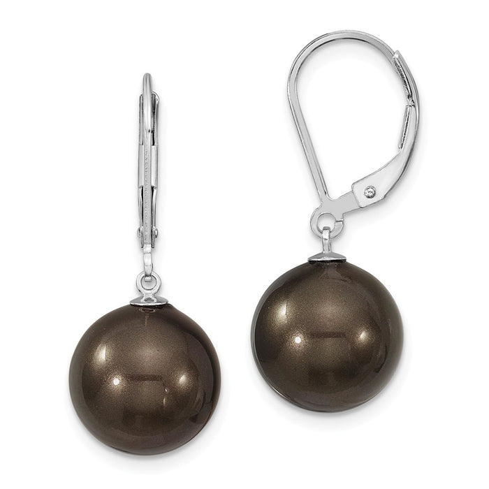 Million Charms 925 Sterling S Majestik Rhodium Plated 12-13mm Black  Imitation Shell Pearl Leverback Earrings, 12 to 13mm x 12 to 13mm