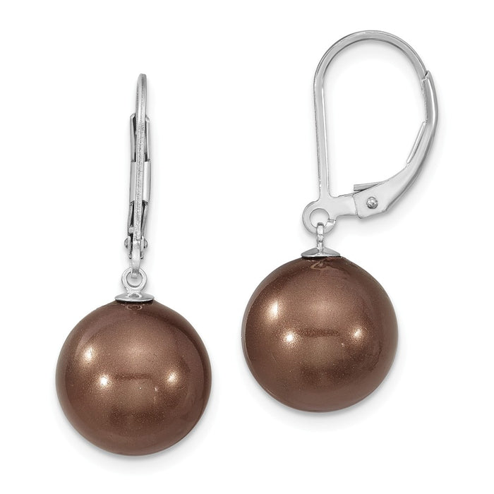 Million Charms 925 Sterling S Majestik Rhodium Plated 12-13mm Brown Imitation Shell Pearl Leverback Earrin, 12 to 13mm x 12 to 13mm