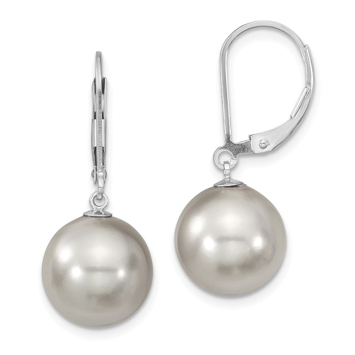 Million Charms 925 Sterling S Majestik Rhodium Plated 12-13mm Grey Imitation Shell Pearl Leverback Earring, 12 to 13mm x 12 to 13mm