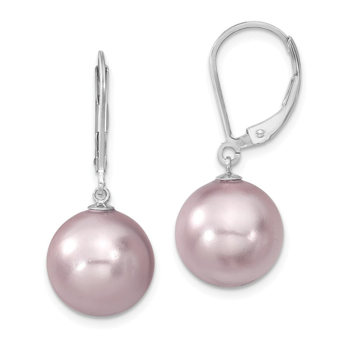 Million Charms 925 Sterling S Majestik Rhodium Plated 12-13mm Purple Imitation Shell Pearl Leverback Earri, 12 to 13mm x 12 to 13mm