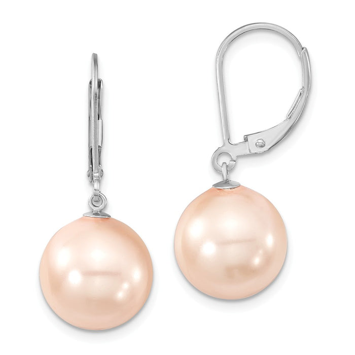 Million Charms 925 Sterling S Majestik Rhodium Plated 12-13mm Pink Imitation Shell Pearl Leverback Earring, 12 to 13mm x 12 to 13mm