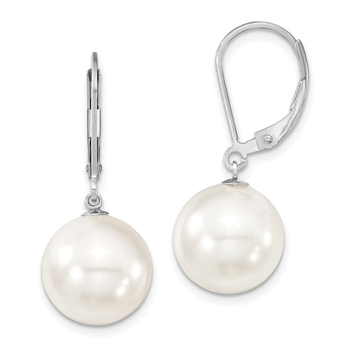 Million Charms 925 Sterling S Majestik Rhodium Plated 12-13mm White Imitation Shell Pearl Leverback Earrings, 12 to 13mm x 12 to 13mm