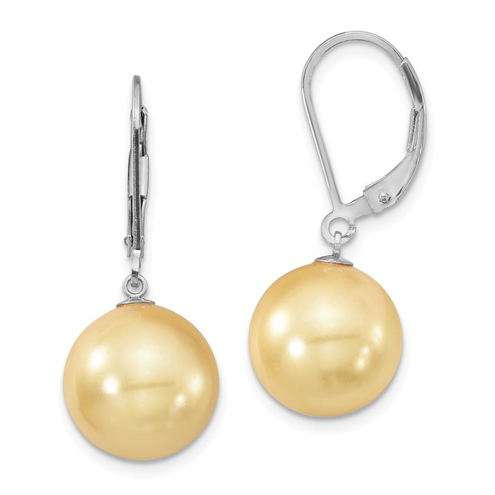 Million Charms 925 Sterling S Majestik Rhodium Plated 12-13mm Yellow Imitation Shell Pearl Leverback Earri, 30mm x 13mm