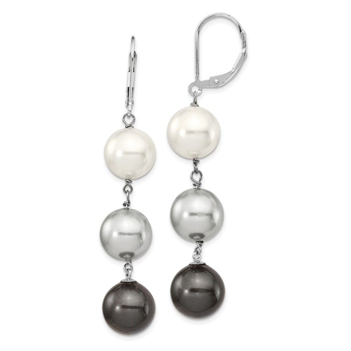 Million Charms 925 Sterling S Majestik Rhodium Plated 10-11mm White/Gr/Black  Imitation Shell Pearl Earring, 56mm x 10mm