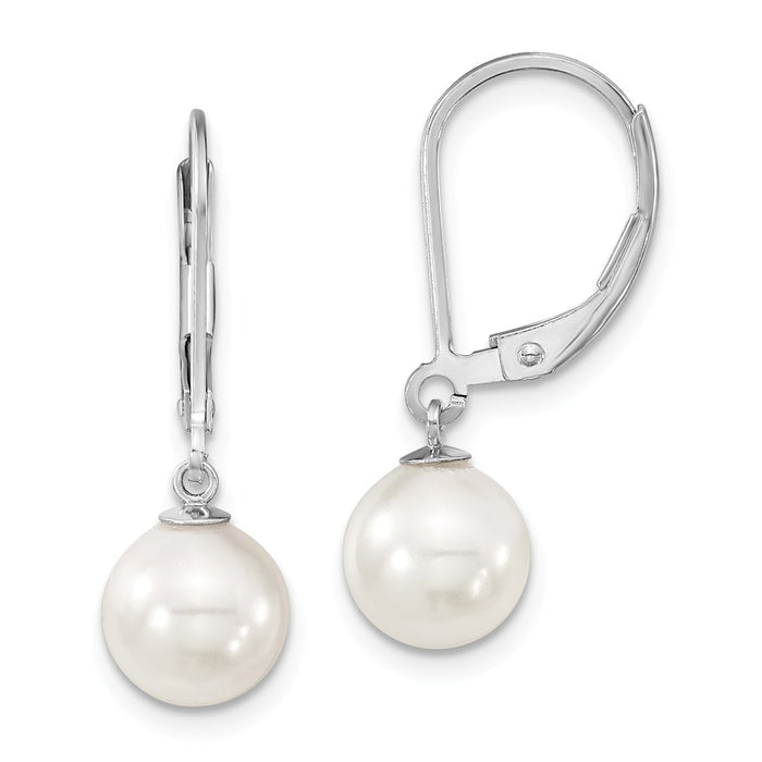 Million Charms 925 Sterling Silv Majestik Rhodium Plated 8-9m White Imitation Shell Pearl Leverback Earrings, 8 to 9mm x 8 to 9mm