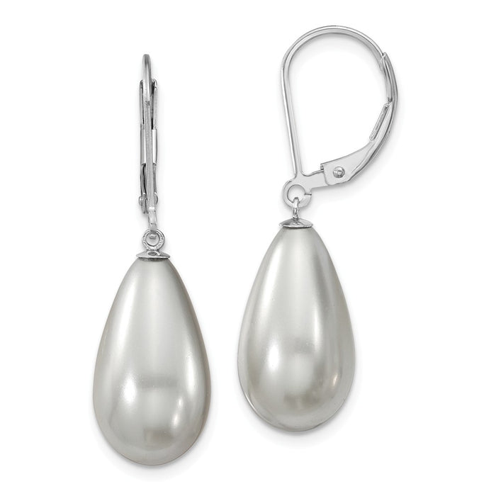 Million Charms 925 Sterling S Majestik Rhodium Plated 10x18mm Teardrop Grey Imitation Shell Pearl Earrings, 18mm x 10mm