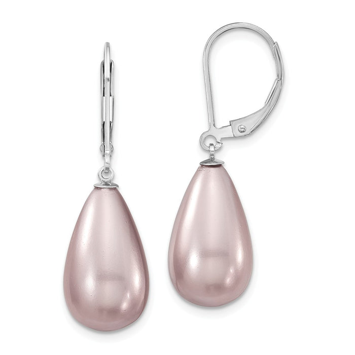 Million Charms 925 Sterling S Majestik Rhodium Plated 10x18mm Teardrop Purple Imitation Shell Pearl Earrin, 18mm x 10mm