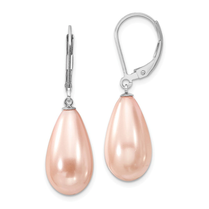 Million Charms 925 Sterling S Majestik Rhodium Plated 10x18mm Teardrop Pink Imitation Shell Pearl Earrings, 18mm x 10mm