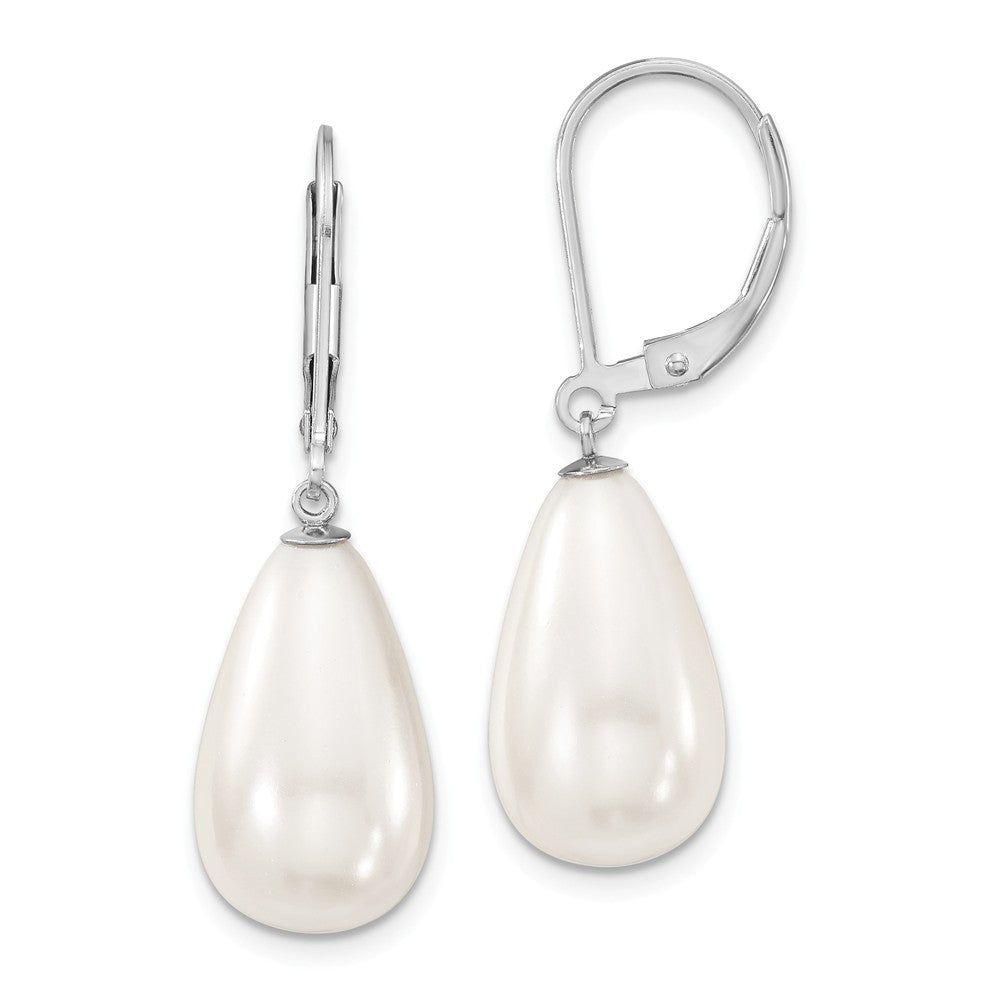Million Charms 925 Sterling S Majestik Rhodium Plated 10x18mm Teardrop White Imitation Shell Pearl Earrings, 18mm x 10mm