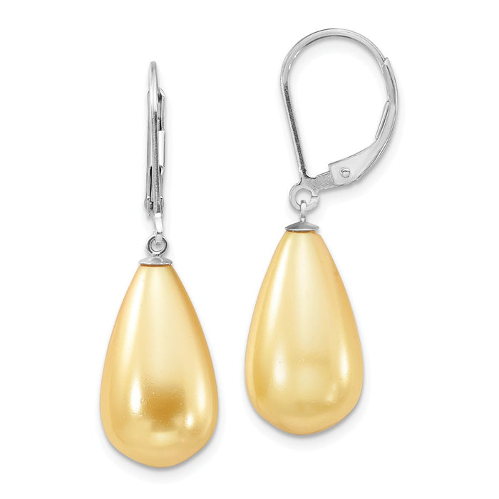 Million Charms 925 Sterling S Majestik Rhodium Plated 10x18mm Teardrop Yellow Imitation Shell Pearl Earrin, 18mm x 10mm