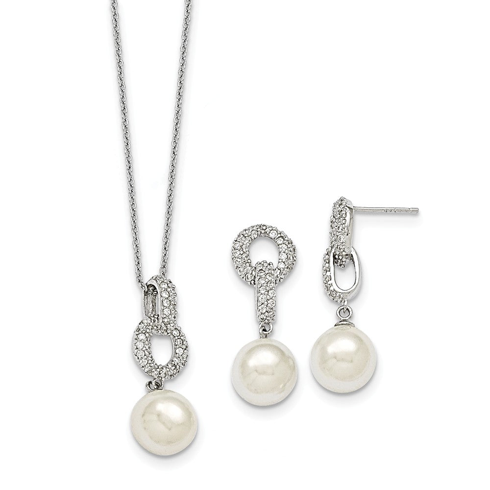 Majestik Jewelry Set - 925 Sterling Silver Majestik Rhodium-Plated 10-11mm White Imitation Shell Pearl & Cubic Zirconia ( CZ ) Earring & Necklace Set