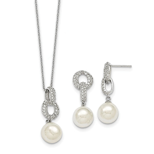 Majestik Jewelry Set - 925 Sterling Silver Majestik Rhodium-Plated 10-11mm White Imitation Shell Pearl & Cubic Zirconia ( CZ ) Earring & Necklace Set
