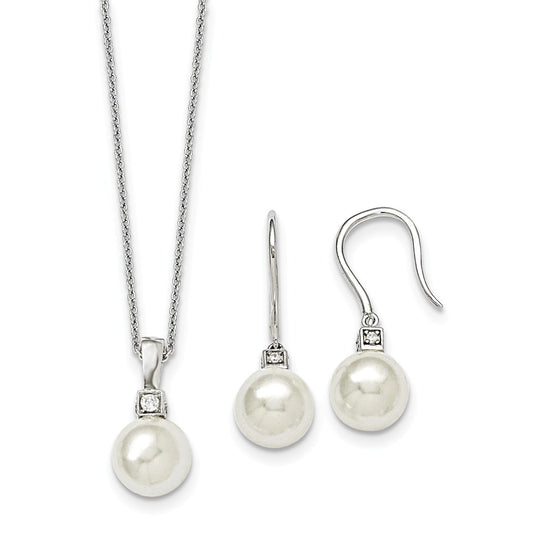 Majestik Jewelry Set - 925 Sterling Silver Majestik Rhodium-Plated 10-11mm White Imitation Shell Pearl & Cubic Zirconia ( CZ ) Earring & Necklace Set