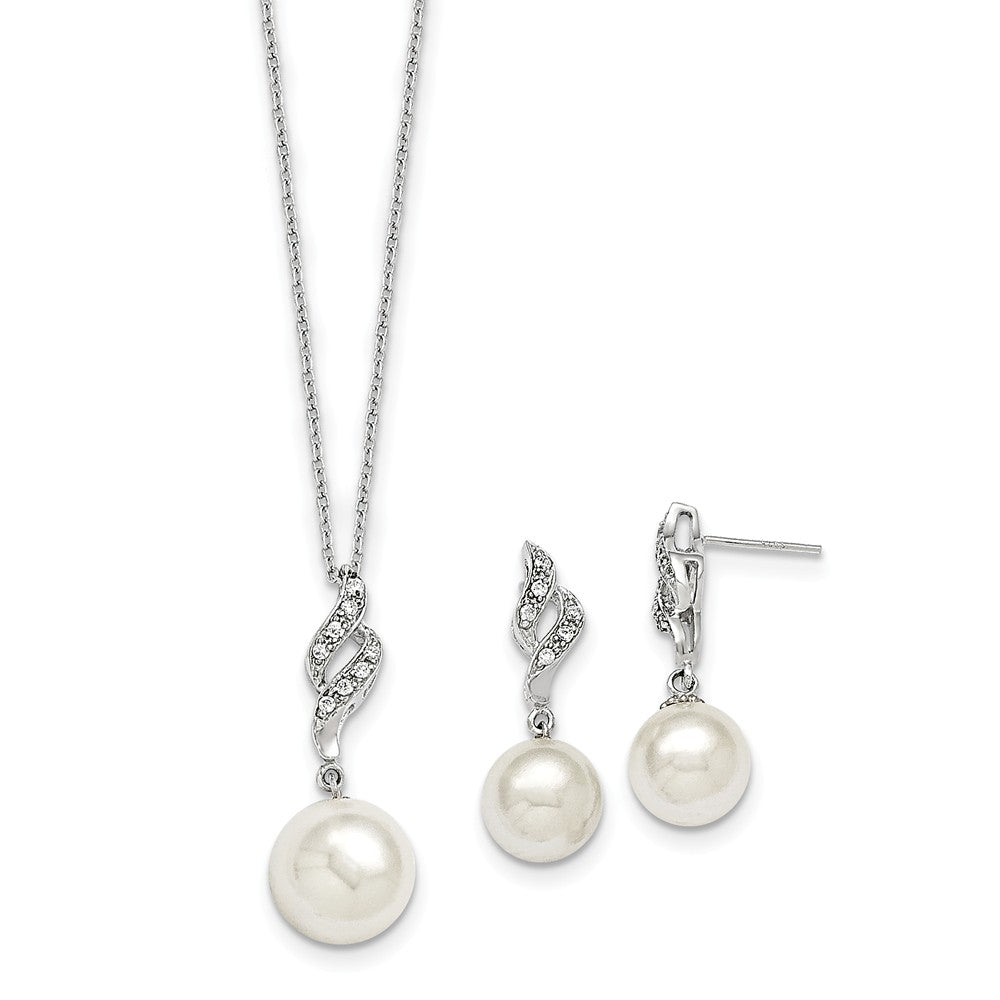 Majestik Jewelry Set - 925 Sterling Silver Majestik Rhodium-Plated 10-12mm White Imitation Shell Pearl & Cubic Zirconia ( CZ ) Earring & Necklace Set