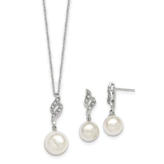 Majestik Jewelry Set - 925 Sterling Silver Majestik Rhodium-Plated 10-12mm White Imitation Shell Pearl & Cubic Zirconia ( CZ ) Earring & Necklace Set