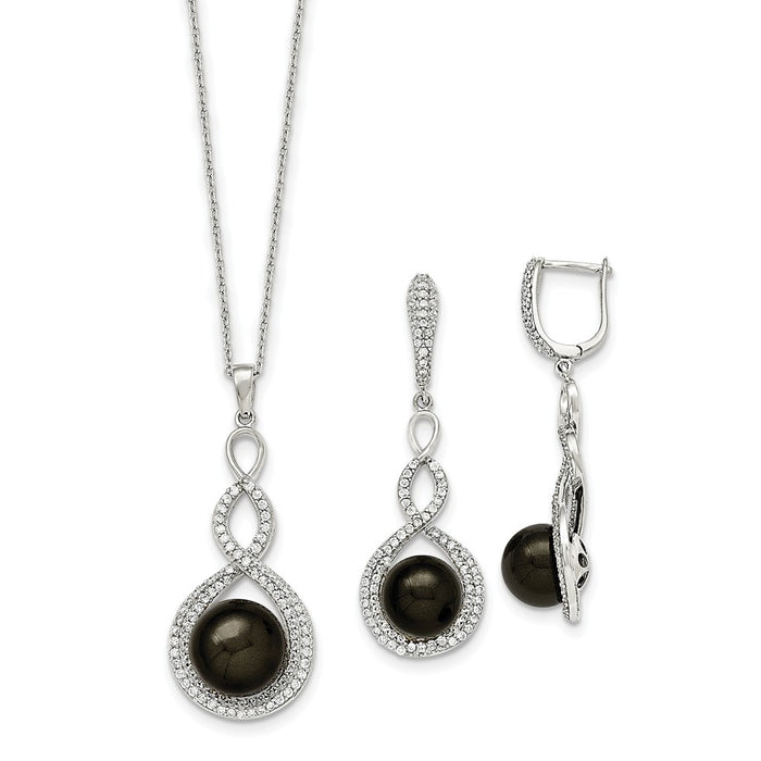 Majestik Jewelry Set - 925 Sterling Silver Majestik Rhodium-Plated 10-12mm Black Imitat Shell Pearl & Cubic Zirconia ( CZ ) Earring & Necklace Set
