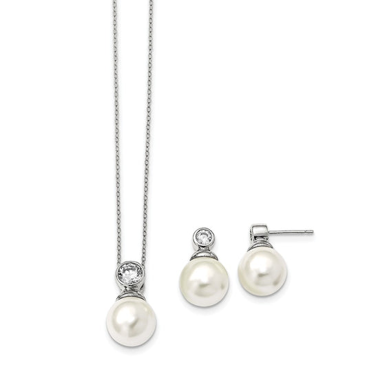 Majestik Jewelry Set - 925 Sterling Silver Majestik Rhodium-Plated 12-13mm White Imitation Shell Pearl Cubic Zirconia ( CZ ) Earring/Necklace Set