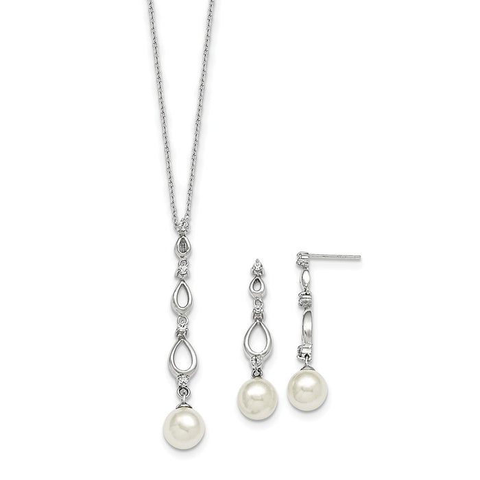 Majestik Jewelry Set - 925 Sterling Silver Majestik Rhodium-Plated 8-9mm White Imitation Shell Pearl & Cubic Zirconia ( CZ ) Earring & Necklace Set