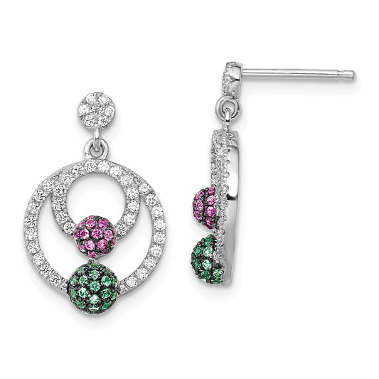 Million Charms 925 Sterling Silver Rhodium-Plated Multi Cubic Zirconia ( CZ ) Brilliant Embers Circle Post Earrings, 21mm x 14mm