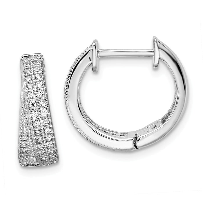 Million Charms 925 Sterling Silver Rhodium-Plated Cubic Zirconia ( CZ ) Brilliant Embers Hinged Hoop Earrings, 15mm x 16mm