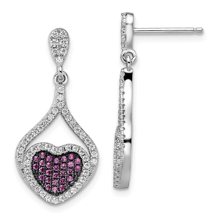 Million Charms 925 Sterling Silver Rhodium-Plated Cubic Zirconia ( CZ ) Brilliant Embers Heart Dangle Post Earrings, 25mm x 14mm