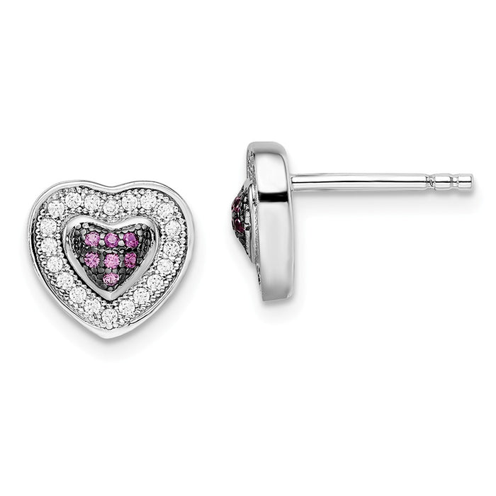 Million Charms 925 Sterling Silver Rhodium-Plated Cubic Zirconia ( CZ ) Brilliant Embers Heart Post Earrings, 10mm x 9mm