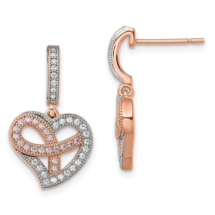 Million Charms 925 Sterling Silver Rose Gold-Plated Cubic Zirconia ( CZ ) Heart Dangle Post Earrings, 22mm x 14mm