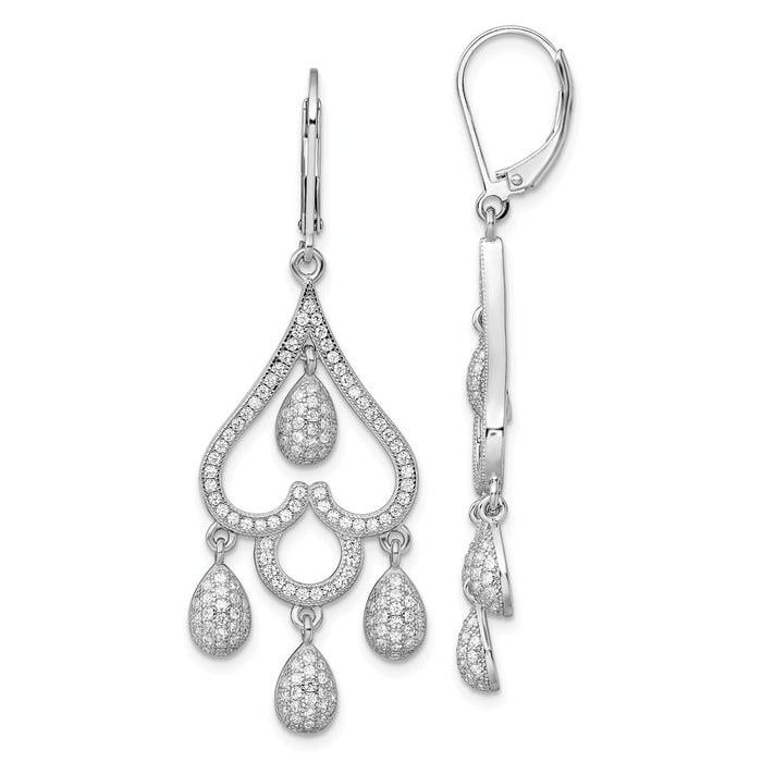 Million Charms 925 Sterling Silver Rhodium-Plated Cubic Zirconia ( CZ ) Brilliant Embers Heart with Teardrop Leverback Earrings, 17mm x 54mm